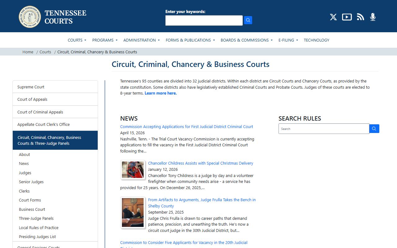 Tennessee AOC page on Circuit, Criminal, and Chancery courts for Williamson County dockets
