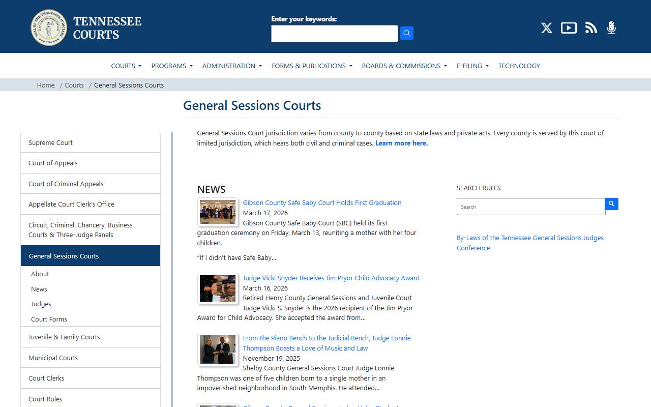 Tennessee AOC General Sessions Courts page for Williamson County dockets