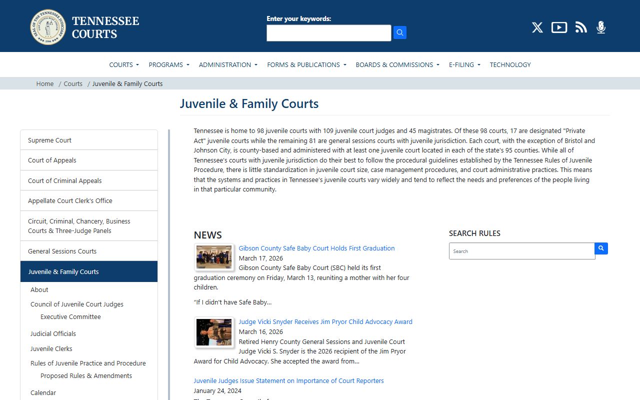 Tennessee AOC juvenile and family courts page relevant to Williamson County dockets