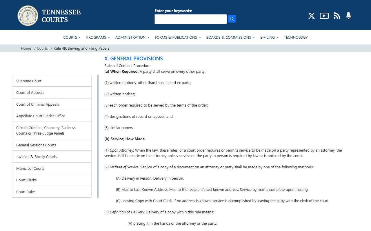 Tennessee Rule of Criminal Procedure 49 governing Williamson County court records filings