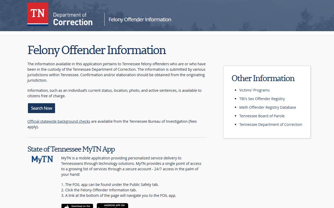 Tennessee Felony Offender Information Lookup for Williamson County criminal records