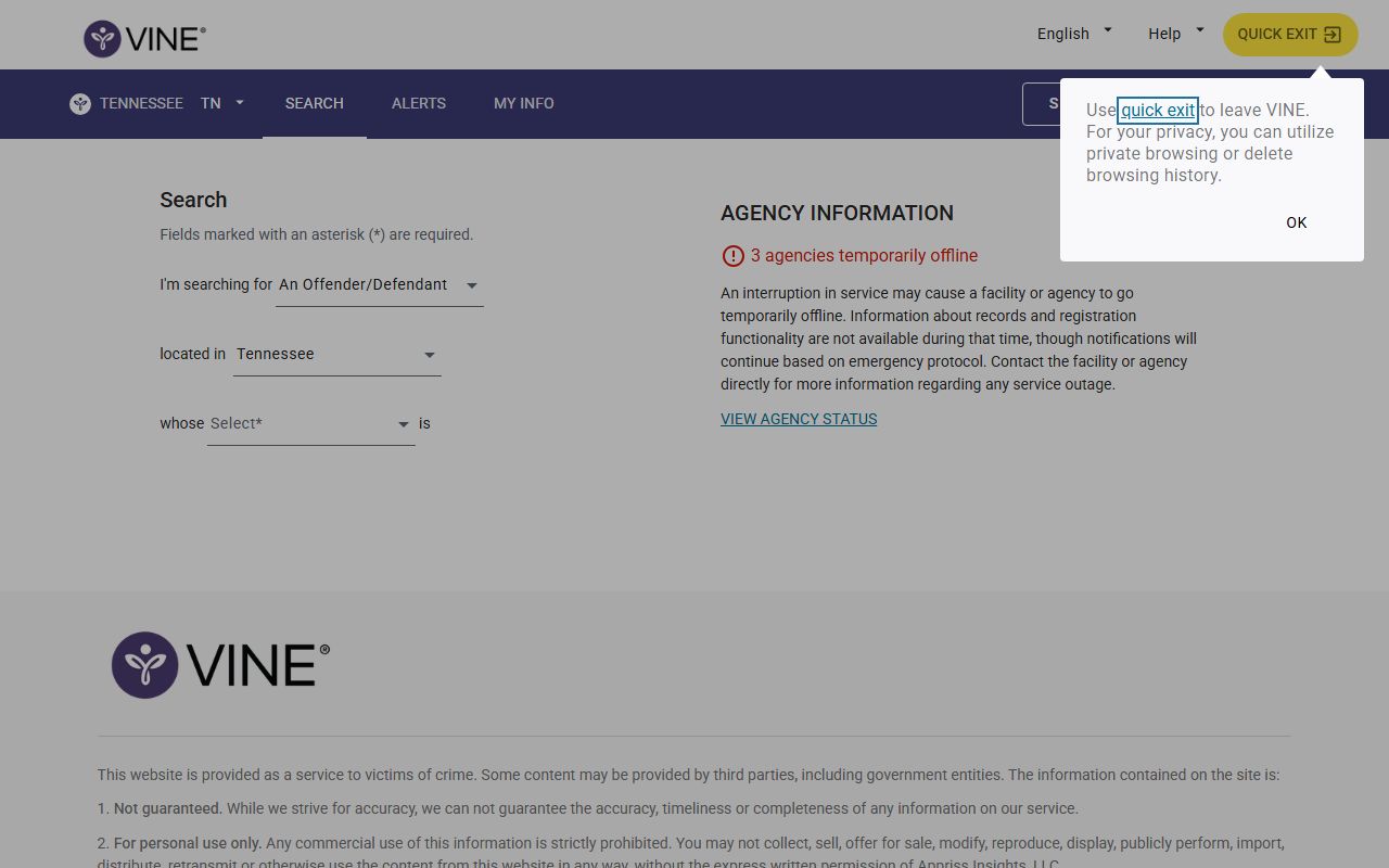 VINELink Tennessee custody notification search for Williamson County