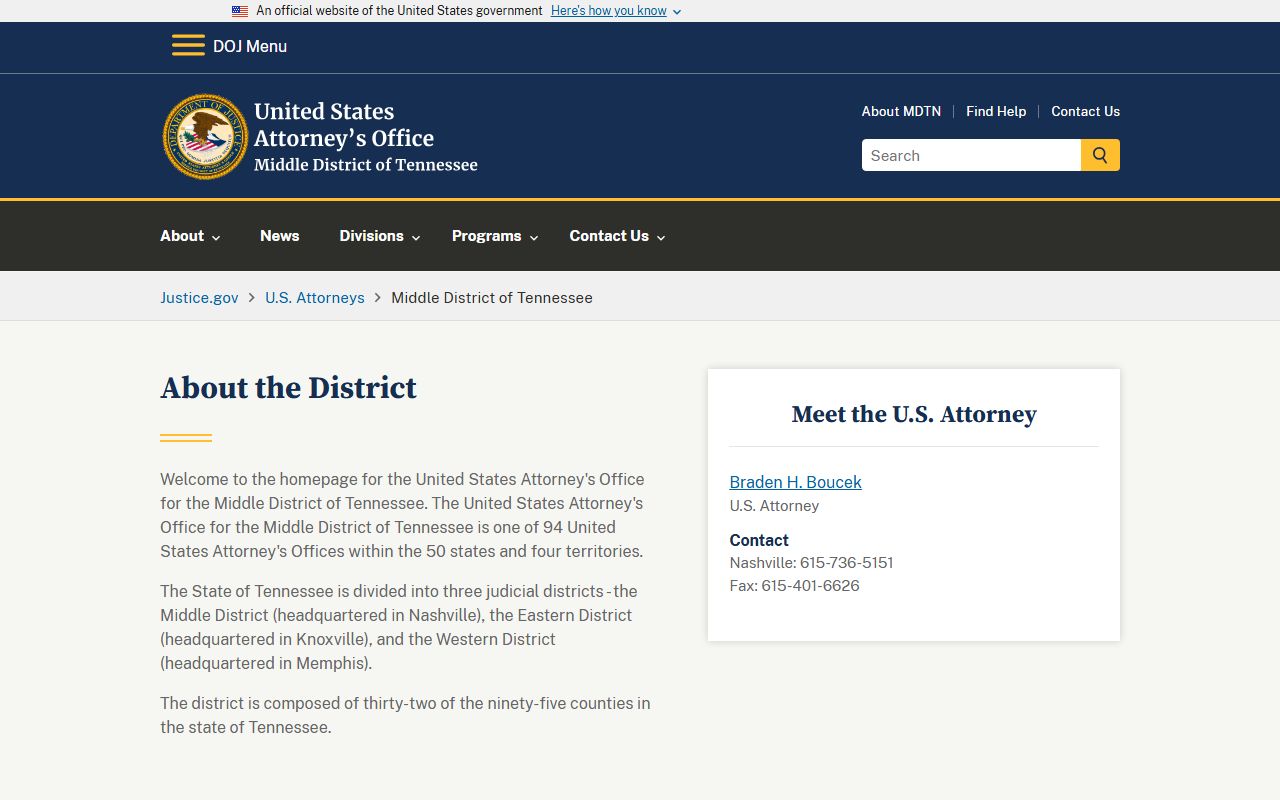 U.S. Attorney's Office for the Middle District of Tennessee, relevant to Williamson County federal cases