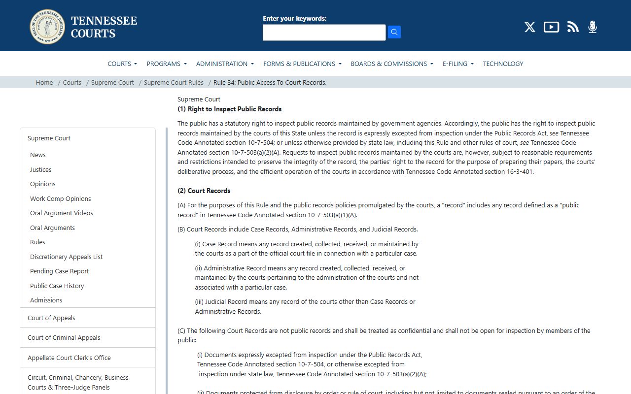 Tennessee Supreme Court Rule 34 on public access to Williamson County court records