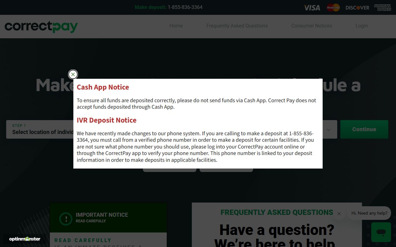 CorrectPay inmate commissary and tech account funding for Williamson County
