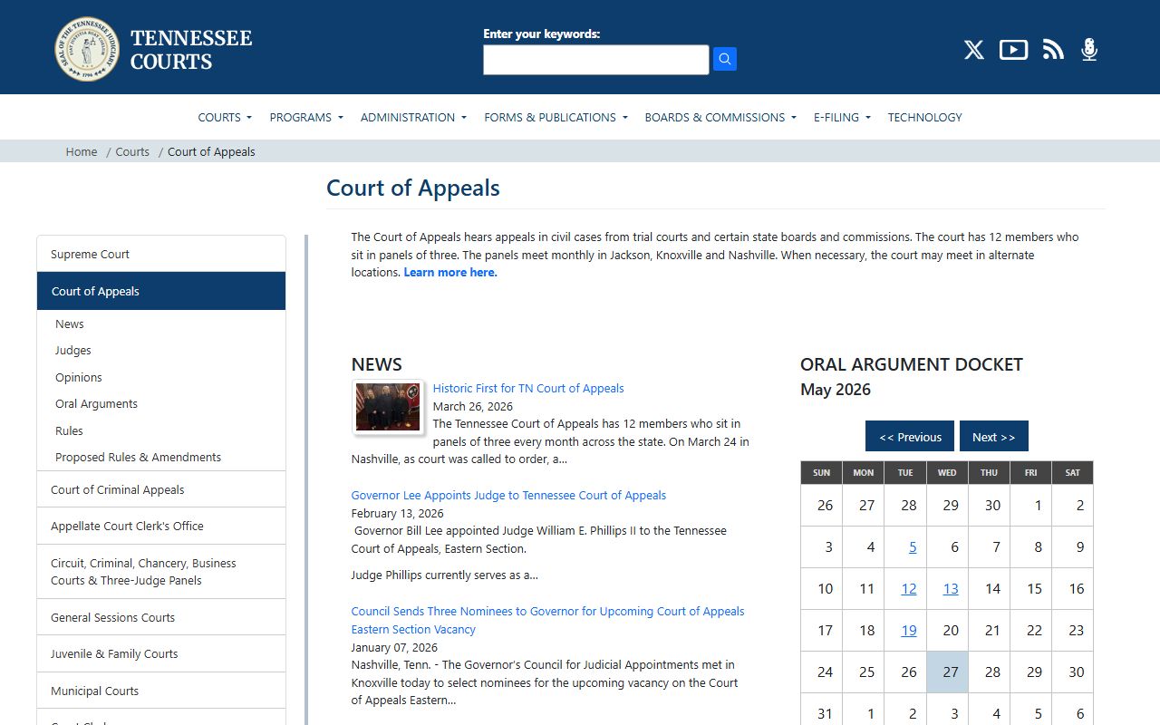 Tennessee Court of Appeals page relevant to Williamson County civil appeals