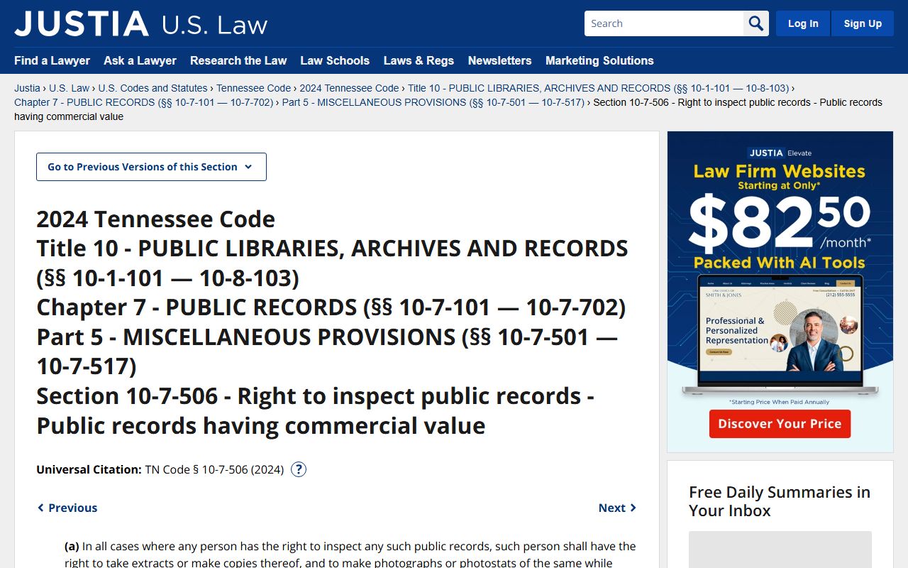 Tennessee statute on public-record fees for Williamson County traffic court records