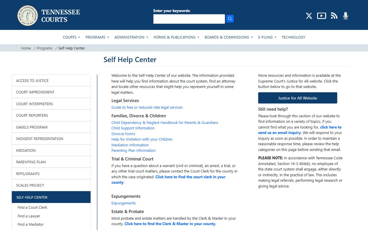 Tennessee AOC Self Help Center for Williamson County warrant and court questions