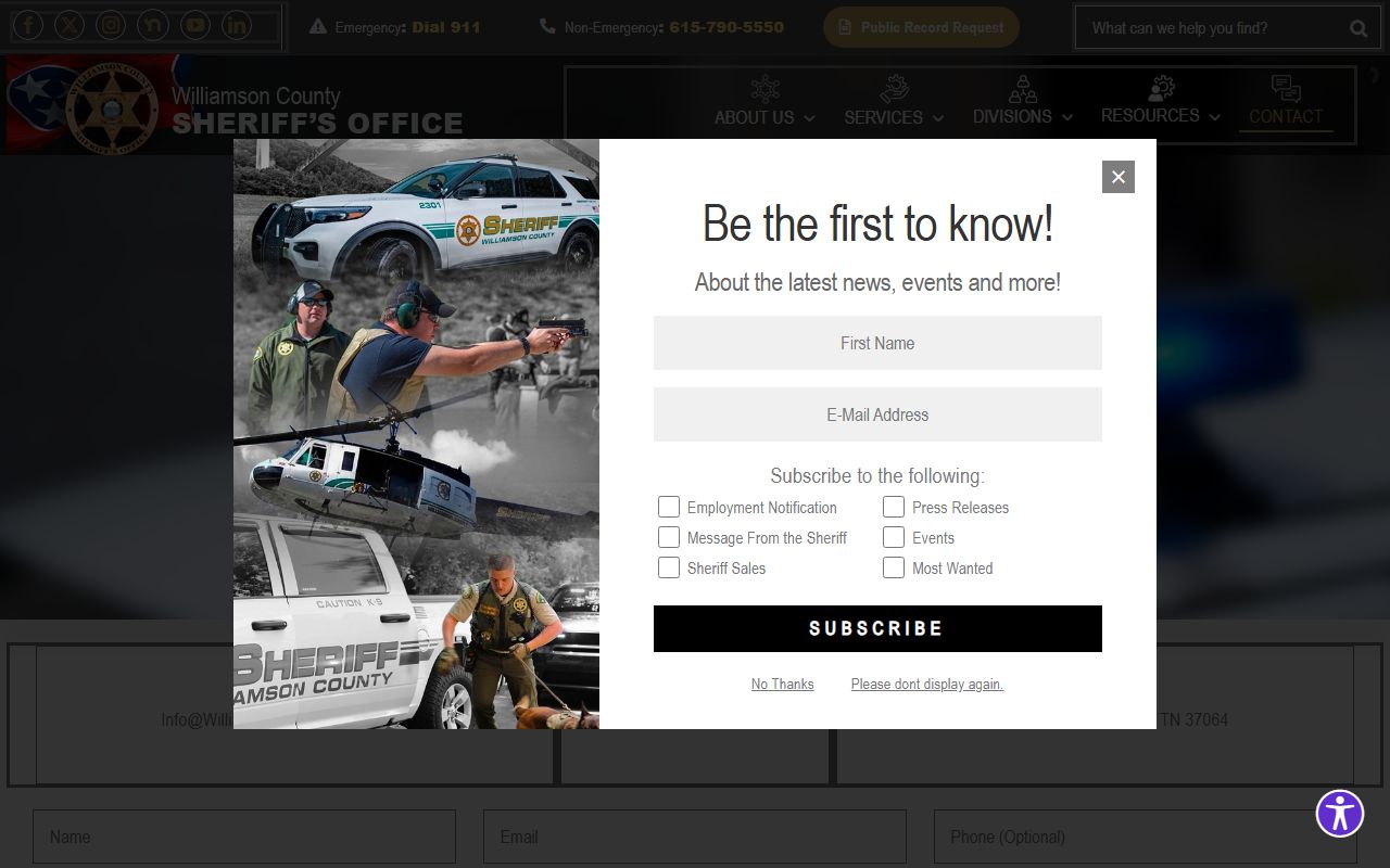 Williamson County Sheriff's Office contact page for warrant verification
