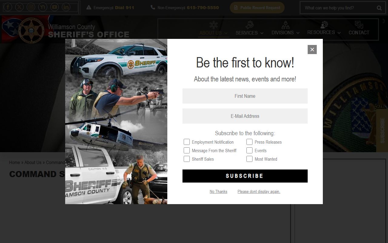 Williamson County Sheriff's Office command staff page for warrant and detention functions